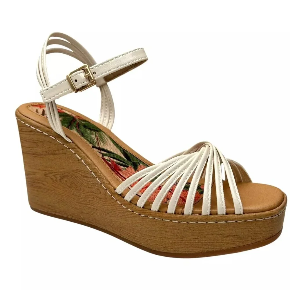 BOC Catalina Women's Platform Wedge Sandal Size 8 White/Tan‎ Glossy Straps Twist